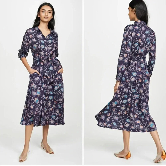 XiRENA Blue Dress Floral Pockets Midi Everr Long Sleeve Collared Small - Picture 1 of 12